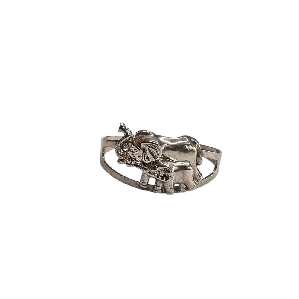 Silver Tone Elephant Open Cuff Bracelet  Mother & Baby Elephant